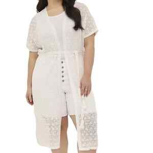 Torrid Short Sleeve Tie Waist Crochet Duster Kimono Ivory Belted 1X 2X Size 1/2